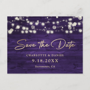 Purple Gold Wood String Lights Script Wedding Announcement Postcard