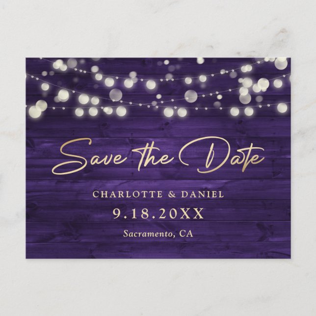 Purple Gold Wood String Lights Script Wedding Announcement Postcard (Front)