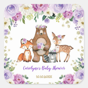 Purple Gold Woodland Baby Shower Forest Animals Square Sticker