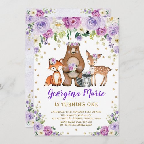 Purple Gold Woodland Forest Girly Floral Birthday Invitation