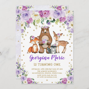 Purple Gold Woodland Forest Girly Floral Birthday Invitation