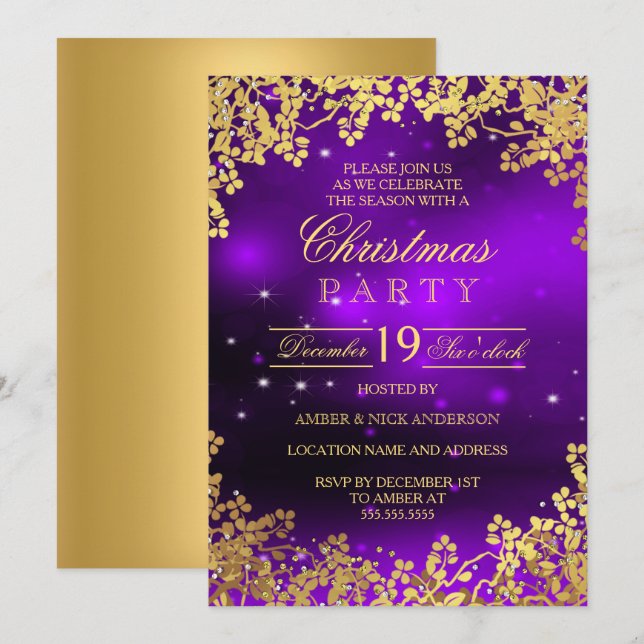 Purple Gold Wreath Christmas Party Invitation (Front/Back)