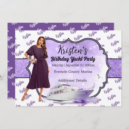 Purple Gold Yacht Party Birthday Invitation 
