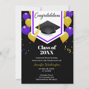 Purple gold yellow and black confetti invitation