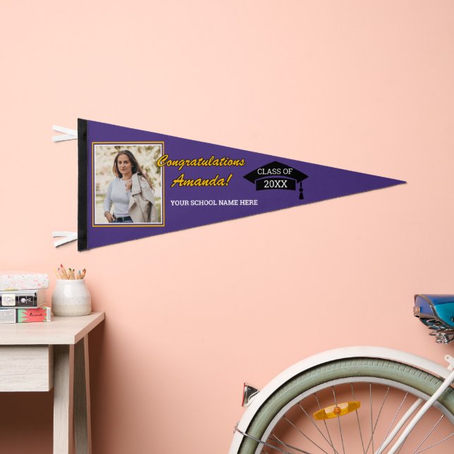 Purple Gold Yellow White Congratulations Grad Pennant Flag (Front)