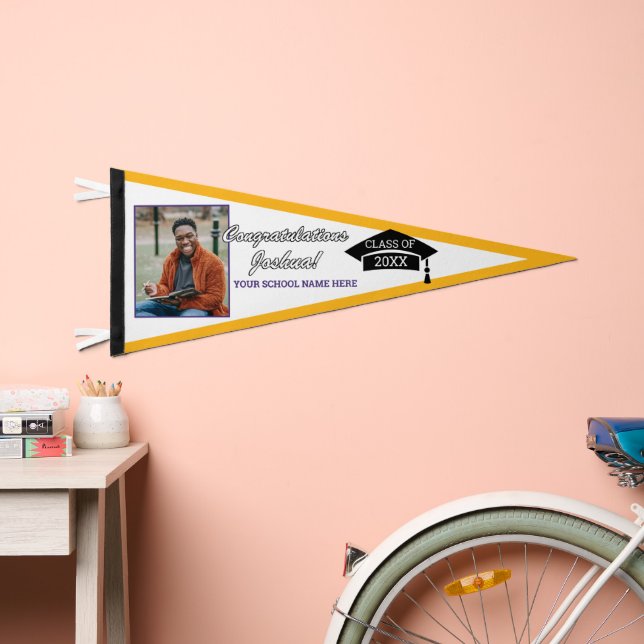 Purple Gold Yellow White Congratulations Grad Pennant Flag (Front)