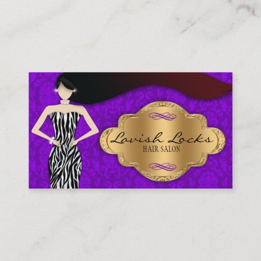Customizable Purple Gold Zebra Damask Hair Stylist Salon Business Card Templates