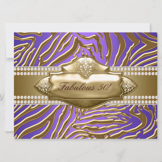 Purple Gold Zebra Womans 50th Birthday Party Invitation (Front)