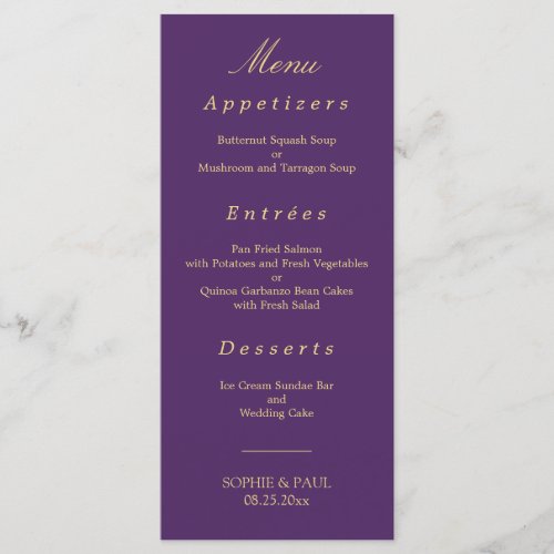 Purple Golden Beige Elegant Wedding Menu