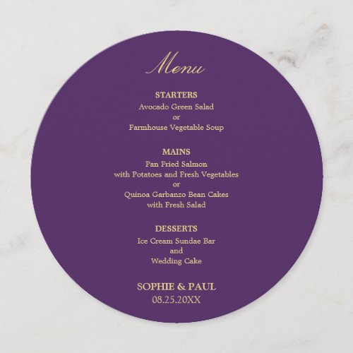 Purple Golden Beige Round Wedding Menu