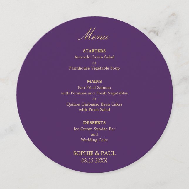 Purple Golden Beige Round Wedding Menu (Front)