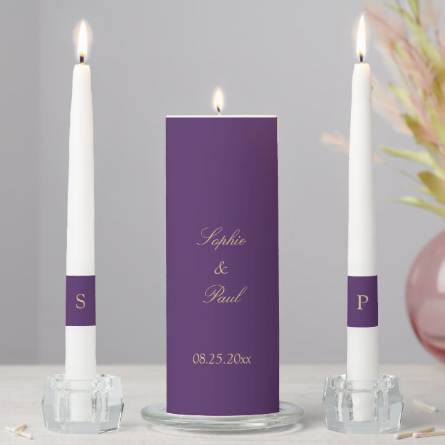 Purple Golden Beige Wedding Unity Candle Set (In Situ)