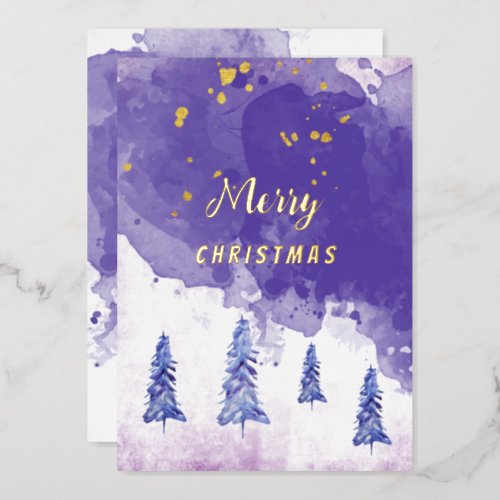 Purple Golden Christmas Tree Watercolor Art Foil H Foil Holiday Card