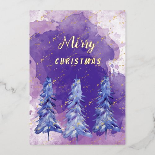 Purple Golden Christmas Tree Watercolor Art Foil Holiday Card