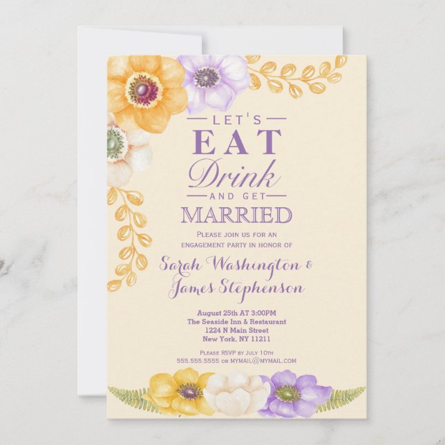 Purple Golden Floral Watercolor Engagement Party Invitation (Front)