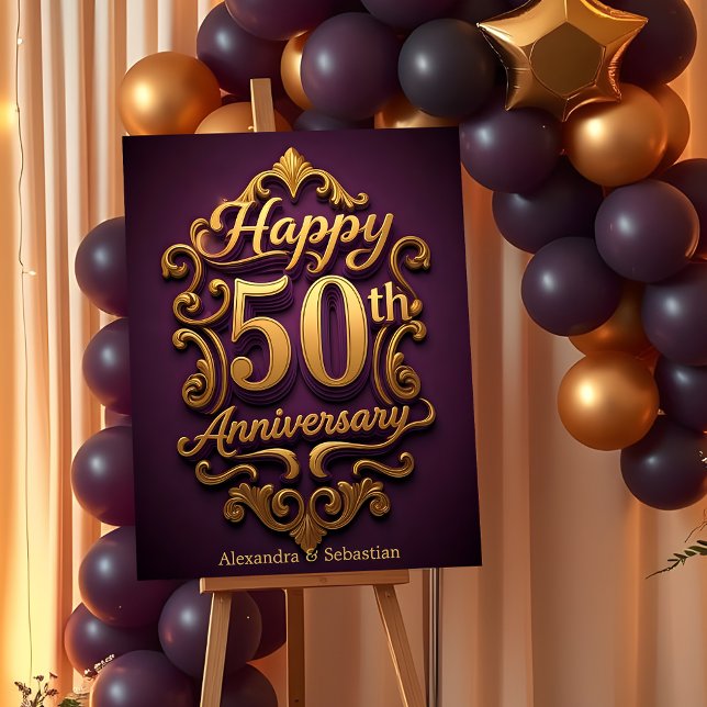 Purple & Golden Flourish 50th Wedding Anniversary Foam Board (Creator Uploaded)