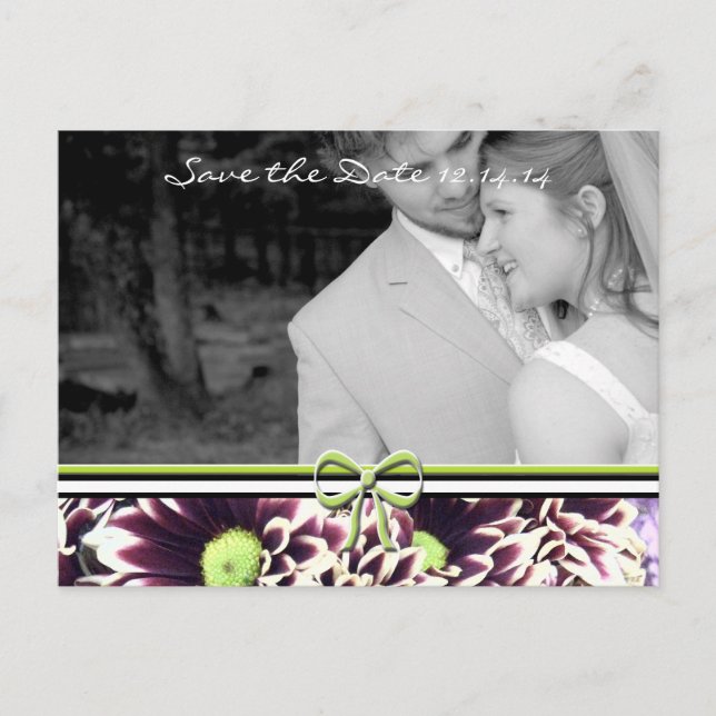 Purple & Golden Lime Floral Wedding Save the Date Announcement Postcard (Front)