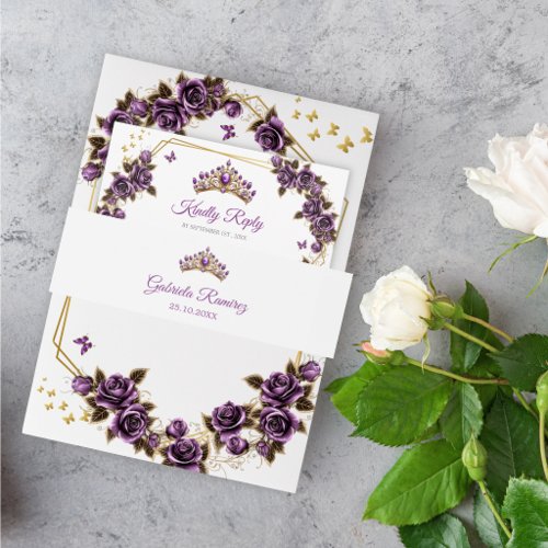 Purple Golden Tiara Quinceañera Invitation Belly Band