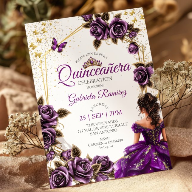 Purple Golden Tiara Roses Butterfly Quinceañera Invitation (Creator Uploaded)