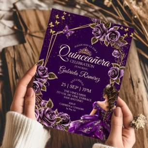 Purple Golden Tiara Roses Butterfly Quinceañera Invitation