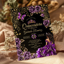 Purple Golden Tiara Roses Butterfly Quinceañera