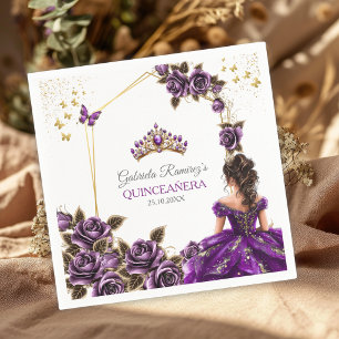 Purple Golden Tiara Roses Quinceañera Napkins