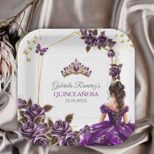 Purple Golden Tiara Roses Quinceañera Paper Plates