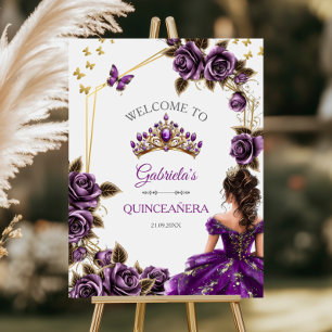 Purple Golden Tiara Roses Quinceañera Welcome Foam Board