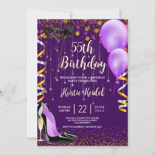 Purple  Golf Balloons and Champagne Invitation