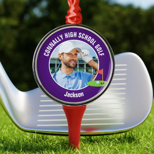 Purple Golfer Photo Custom Golf Team Christmas Metal Ornament