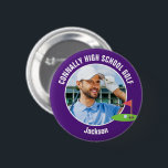 Purple Golfer Photo High School Golf Team Button<br><div class="desc">This cool customized high school golf team photo gift features white typography of your golfer name on a purple button with a cute golfing icon. Personalize with your student's photograph and class year as a proud sports parent. A mom and dad can wear these buttons to sports games.</div>