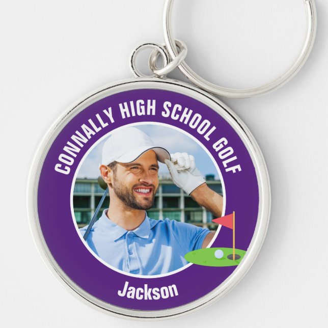 Purple Golfer Photo High School Golf Team Keychain (Front)