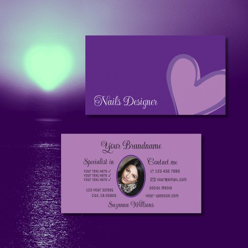 Purple Gorgeous Lilac Heart Modern with Photo Cute Business Card