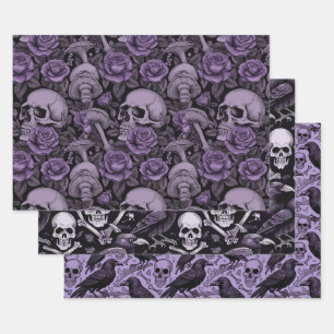 Purple Goth Prints, Raven Skull Mushrooms Wrapping Paper Sheets