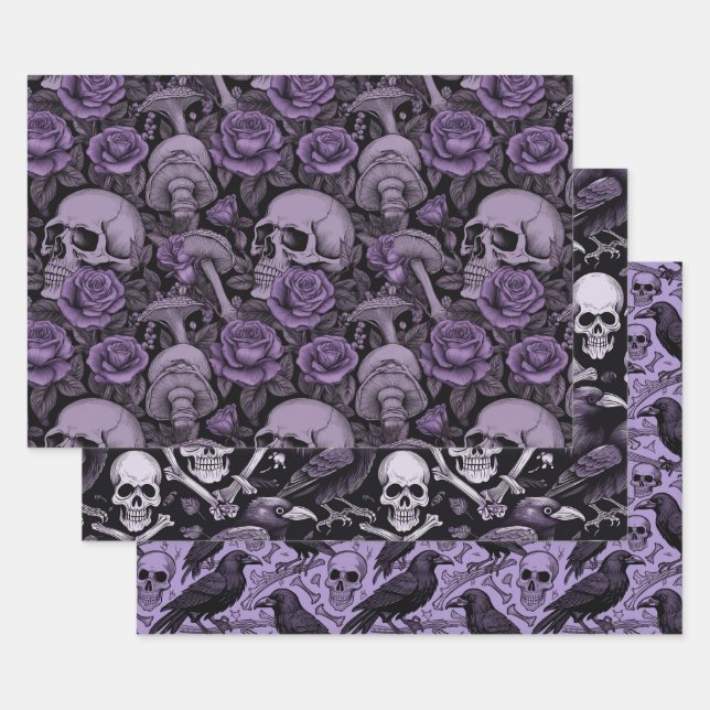 Purple Goth Prints, Raven Skull Mushrooms Wrapping Paper Sheets (Set)