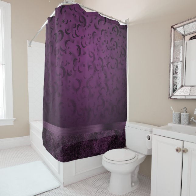 Purple Gothic Chic | Eggplant and Black Moons Shower Curtain (In Situ)