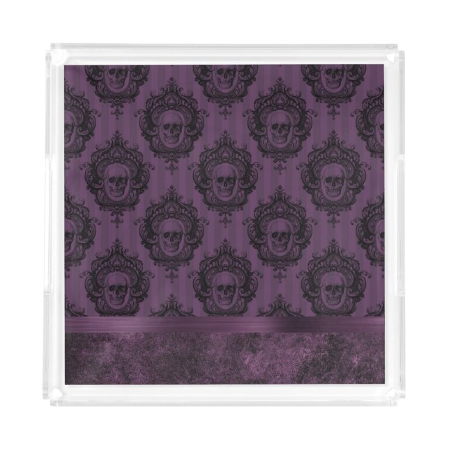 Purple Gothic Chic | Eggplant and Black Skulls Acrylic Tray (Front)