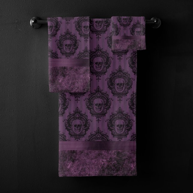 Purple Gothic Chic | Eggplant and Black Skulls Bath Towel Set (Creator Uploaded)