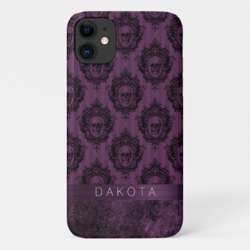 Purple Gothic Chic  Eggplant and Black Skulls iPhone 11 Case