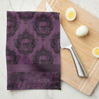 Dark Black Hot Pink Goth Skulls Kitchen Towel, Zazzle