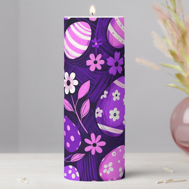 Purple Gothic Easter Pattern Pillar Candle (In Situ)