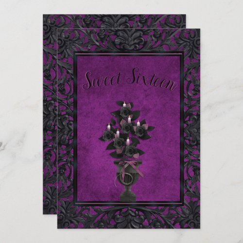 Purple Gothic Frame Black Rose  Candles Sweet 16 Invitation