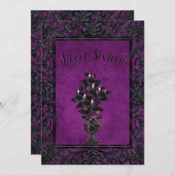 Purple Gothic Frame Black Rose & Candles Sweet 16 Invitation by Sarah_Designs at Zazzle