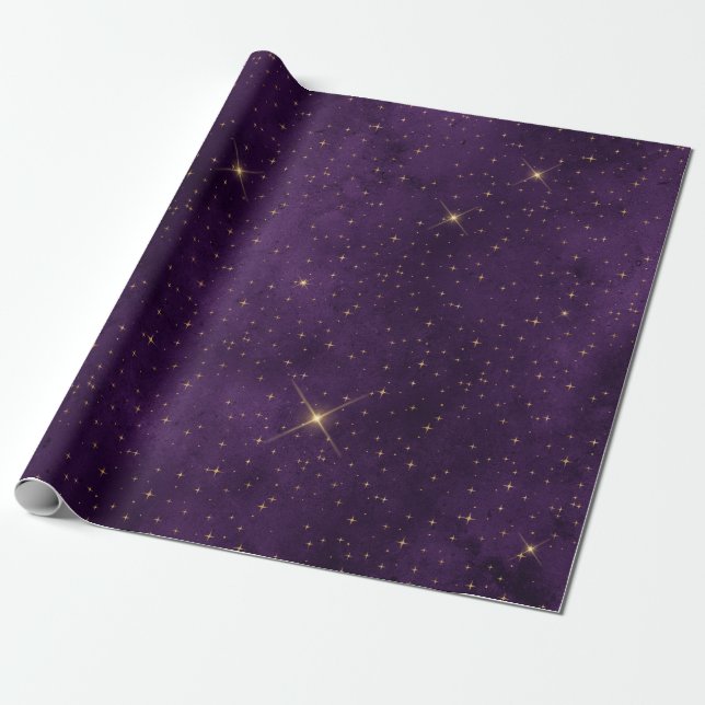 Purple Gothic Gold Star Wrapping Paper (Unrolled)