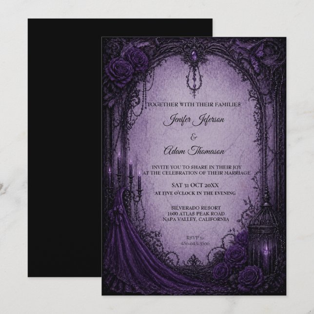 Purple Gothic Halloween Wedding Invitation (Front/Back)