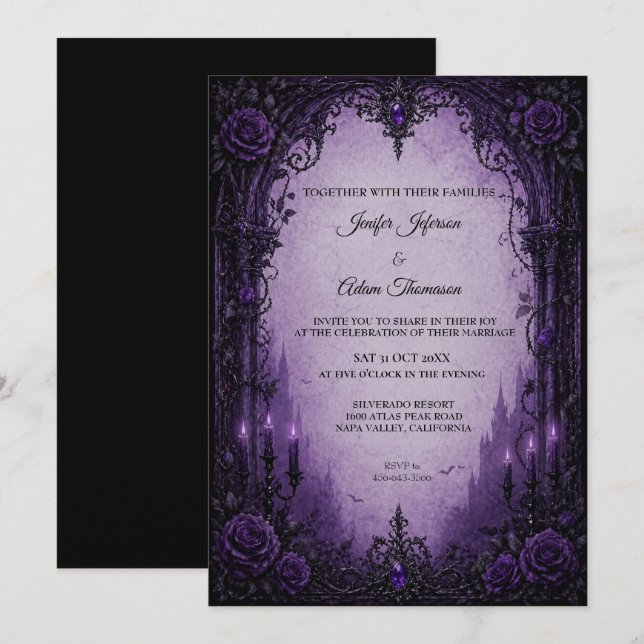 Purple Gothic Halloween Wedding Invitation (Front/Back)