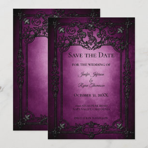 Purple Gothic Halloween wedding save the date Announcement