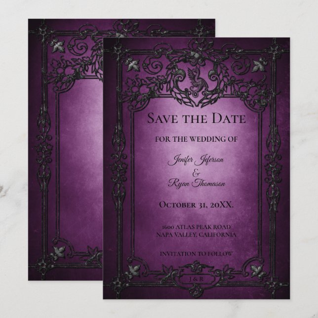Purple Gothic Halloween wedding save the date Announcement (Front/Back)