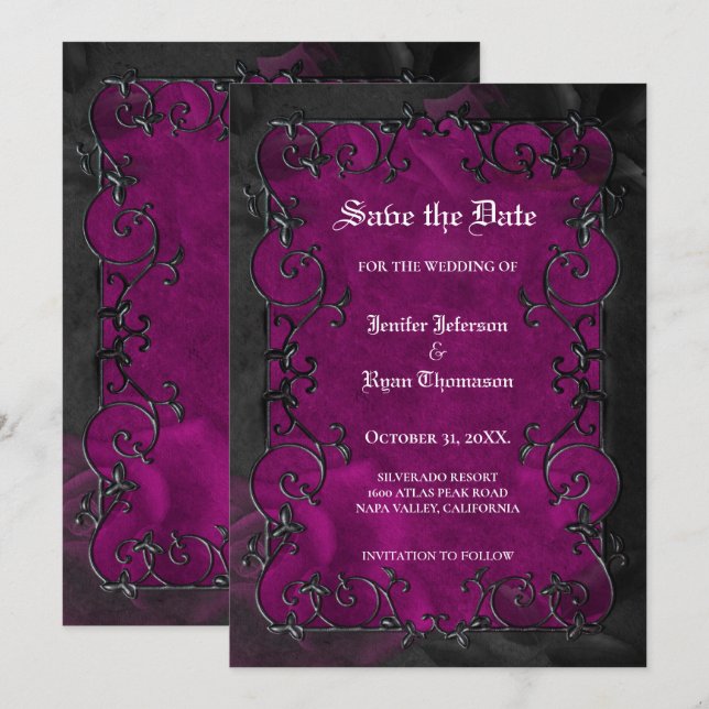 Purple Gothic halloween wedding save the date Announcement (Front/Back)