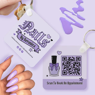 Purple Gothic Lettering Qr Code Nail Tech Keychain